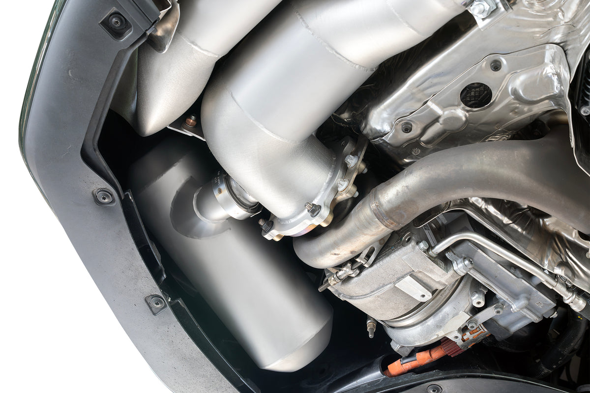 Installed SOUL Porsche 992.2 Turbo S exhaust anti-drone chamber detail