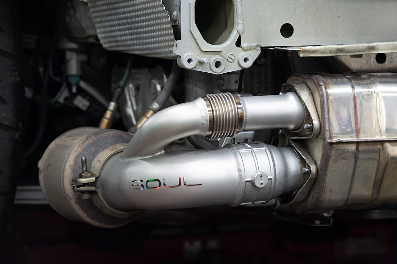 SOUL-Porsche-GT3-Valved-Side-Muffler-Bypass-Pipes-Installed-2