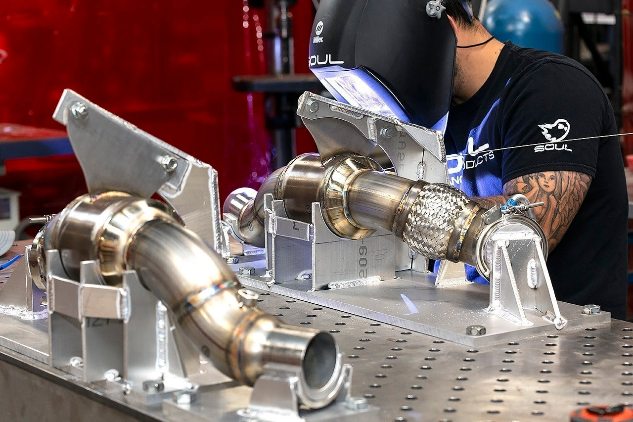Soul-Performance-Products-Ferrari-Sport-Catalytic-Converter-Downpipes-Fabrication