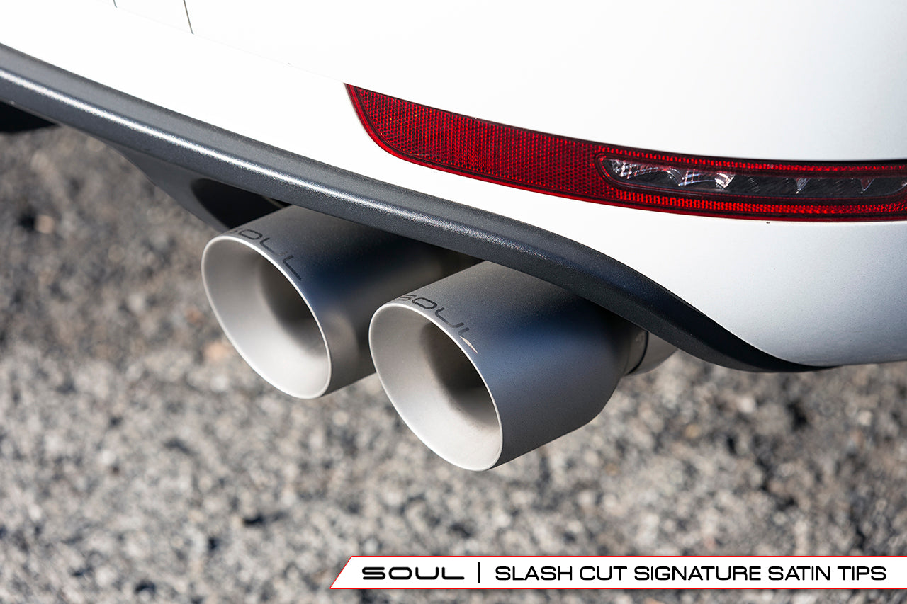 Soul-Performance-Products-Porsche-Macan-S-GTS-Turbo-Resonated-Muffler-Bypass-Exhaust-Installed-Slash-Cut-Signature-Satin-Tips-Detail