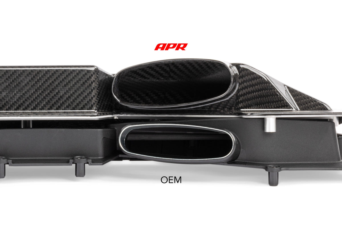 APR CI100050 carbon airbox outlet compared with the original Audi C8 4.0T airbox outlet