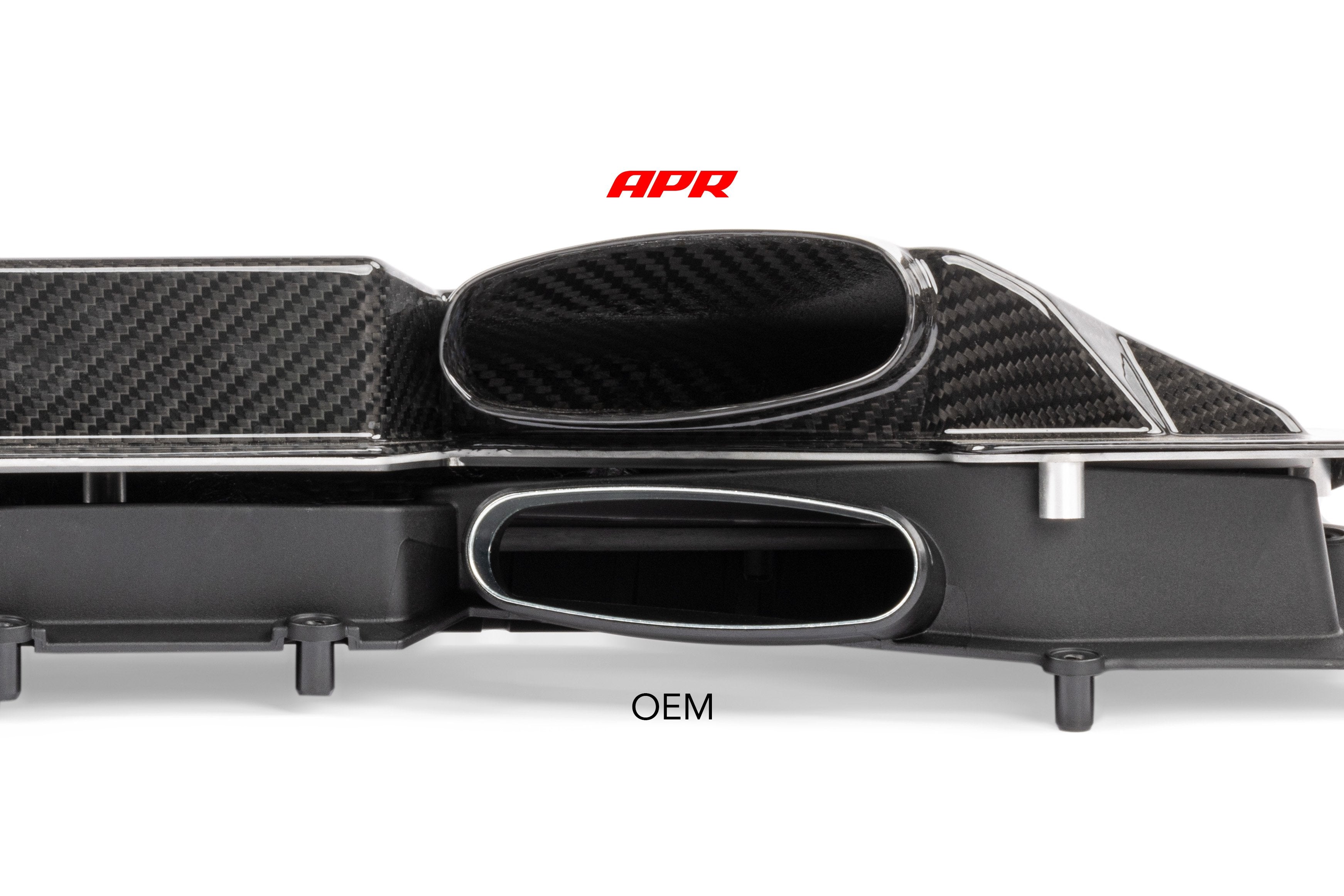 APR CI100050 carbon airbox outlet compared with the original Audi C8 4.0T airbox outlet
