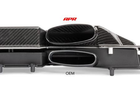 APR CI100050 carbon airbox outlet compared with the original Audi C8 4.0T airbox outlet