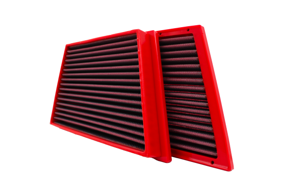Angled view of two BMC FB01075 oiled cotton air filters