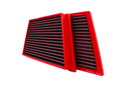 Angled view of two BMC FB01075 oiled cotton air filters