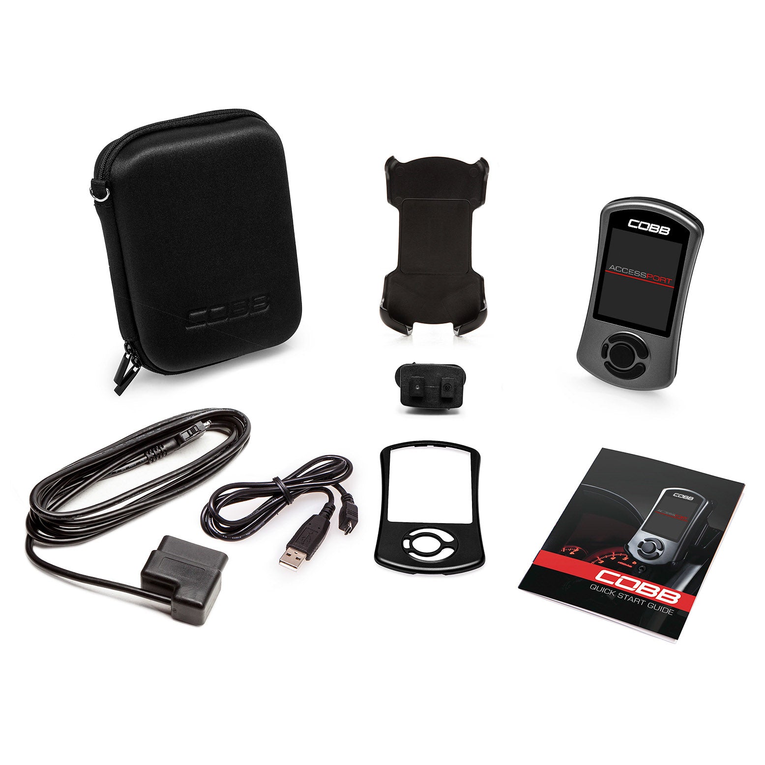 COBB Accessport V3 complete kit contents with device, cables, protective case, mount, faceplate, and quick-start guide