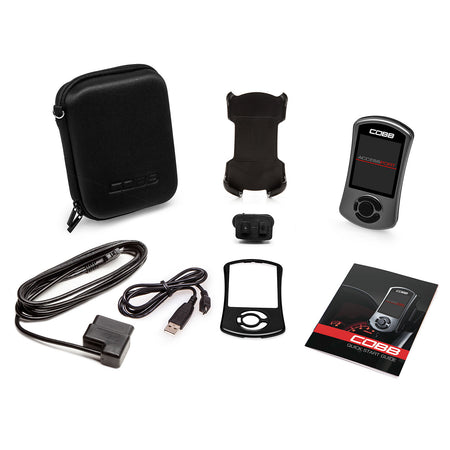 COBB Accessport V3 kit contents with device, cables, case, mount and quick-start guide
