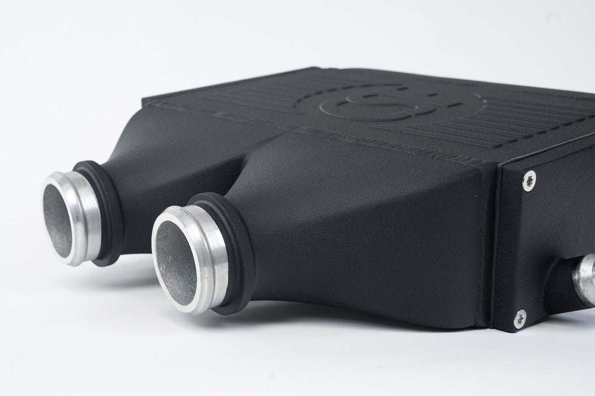 CSF 8082 machined charge-air connections and crinkle-black end tank detail