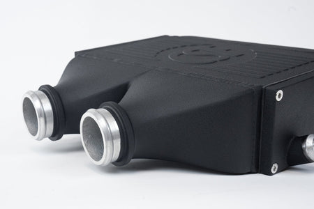 CSF 8082 machined charge-air connections and crinkle-black end tank detail
