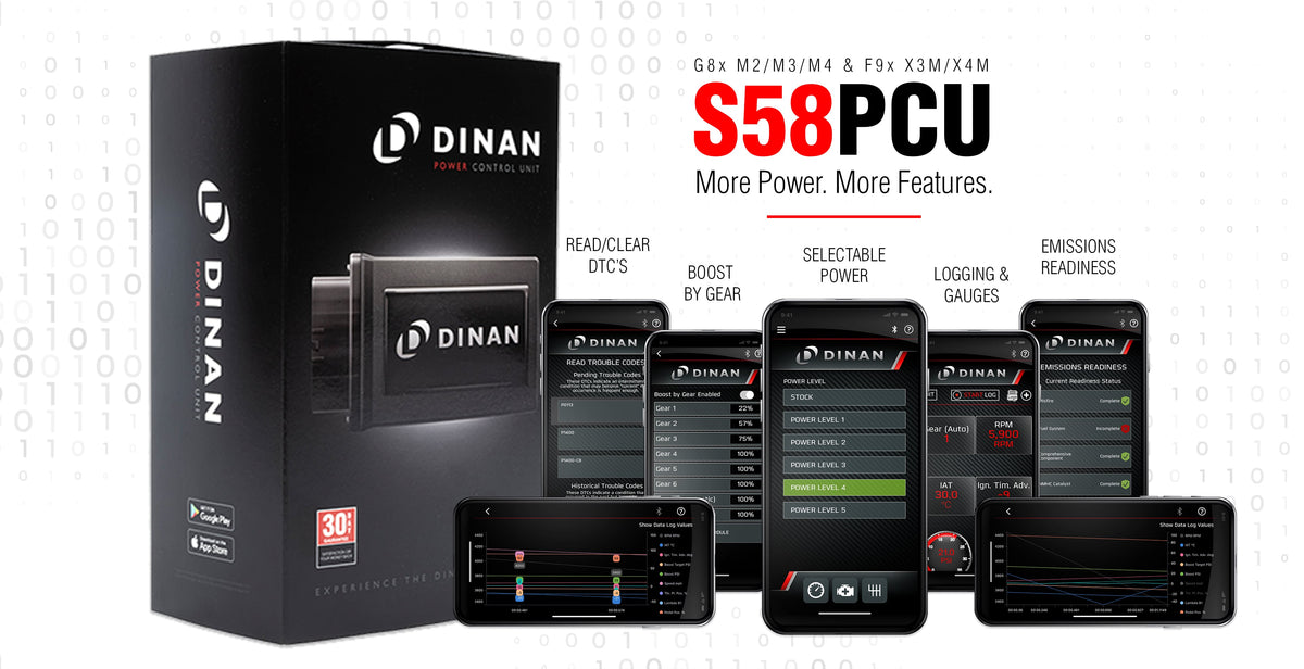 Dinan S58 PCU app overview showing power selection, boost by gear, logging, gauges and code reading