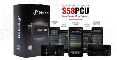 Dinan S58 PCU app overview showing power selection, boost by gear, logging, gauges and code reading