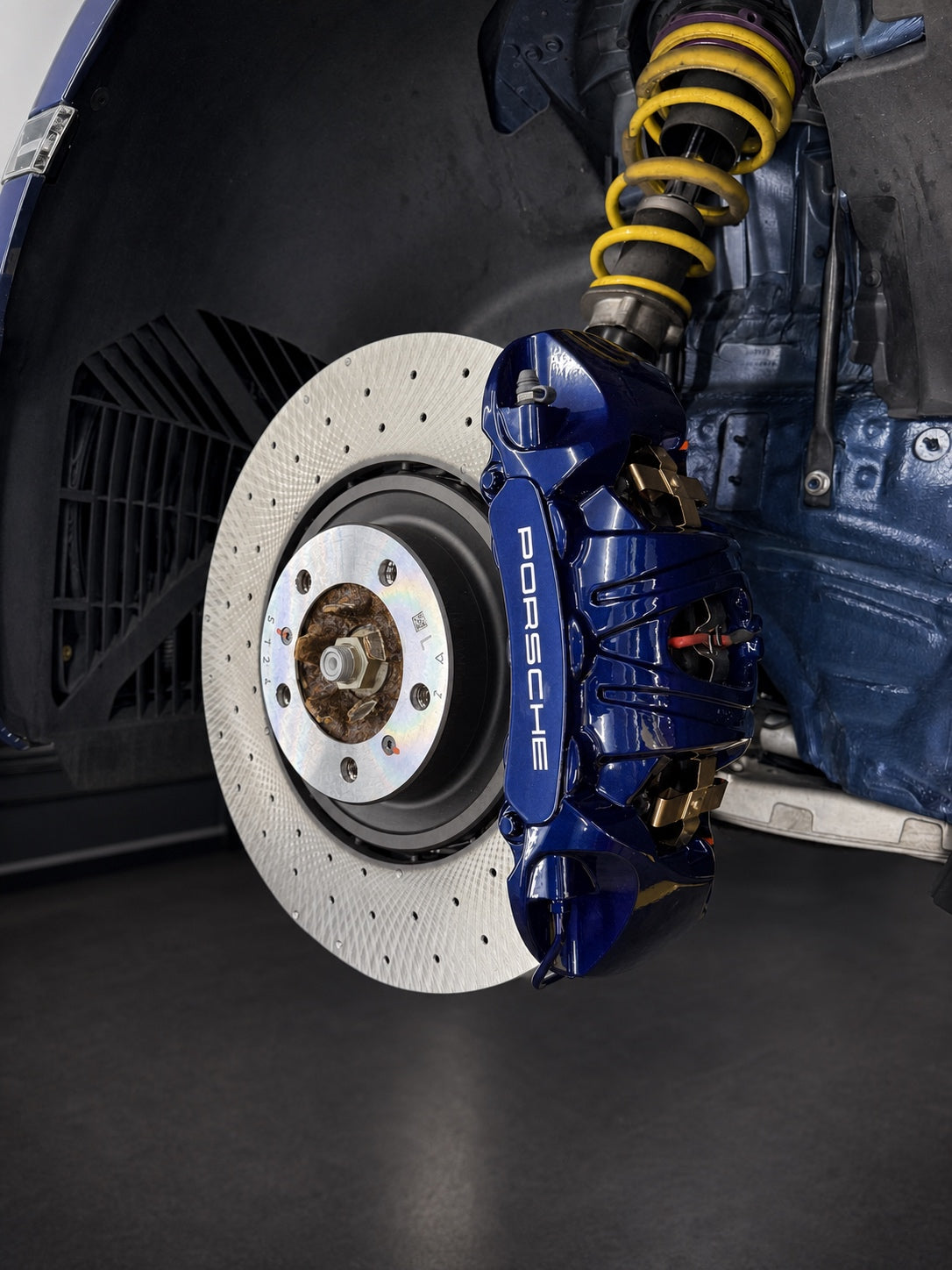 Gentian Blue custom caliper refinish completed for a prior Porsche application