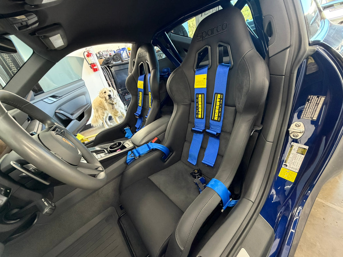 Blue Schroth Profi II ASM harnesses installed in the EuroCustomsPR Porsche build