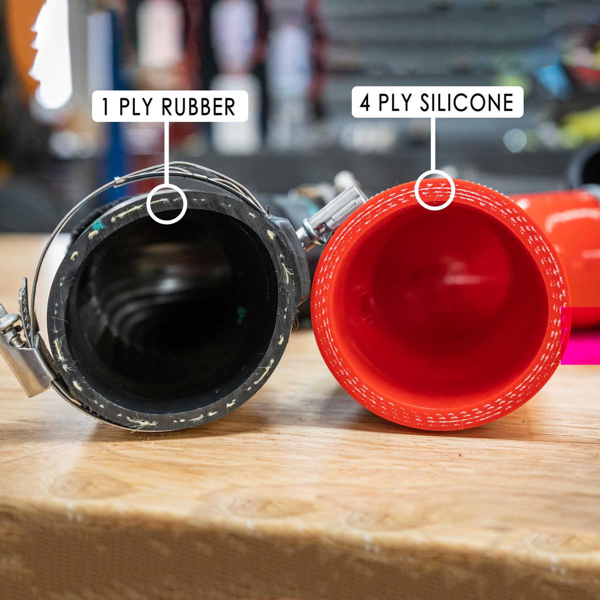 Fabspeed four ply silicone boost hose compared with the factory rubber hose
