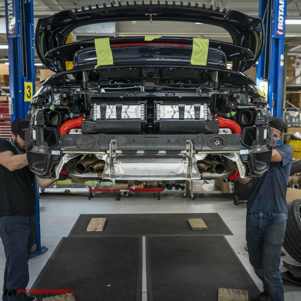 Fabspeed silicone boost hoses installed on Porsche 992 Turbo rear intake system