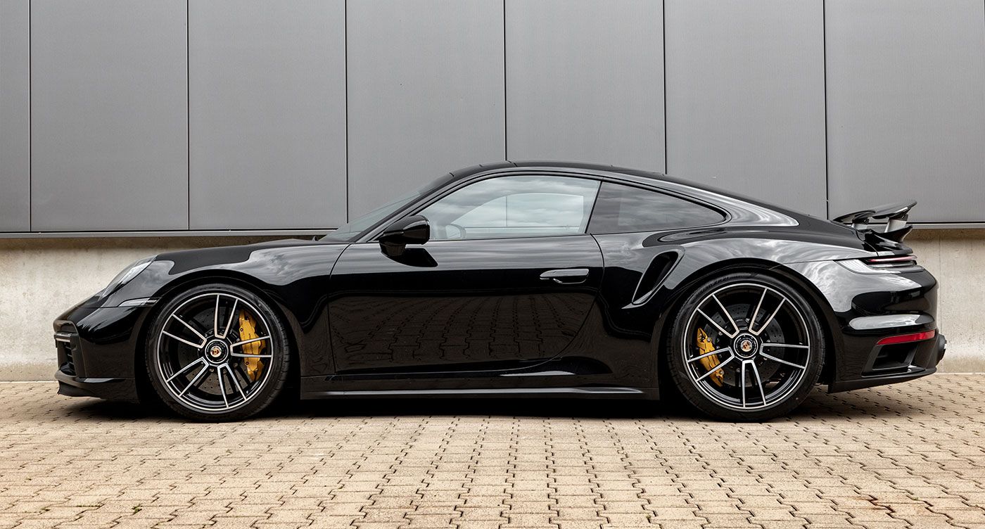 Porsche 911 992 Turbo with H&R Sport Springs shown in side profile