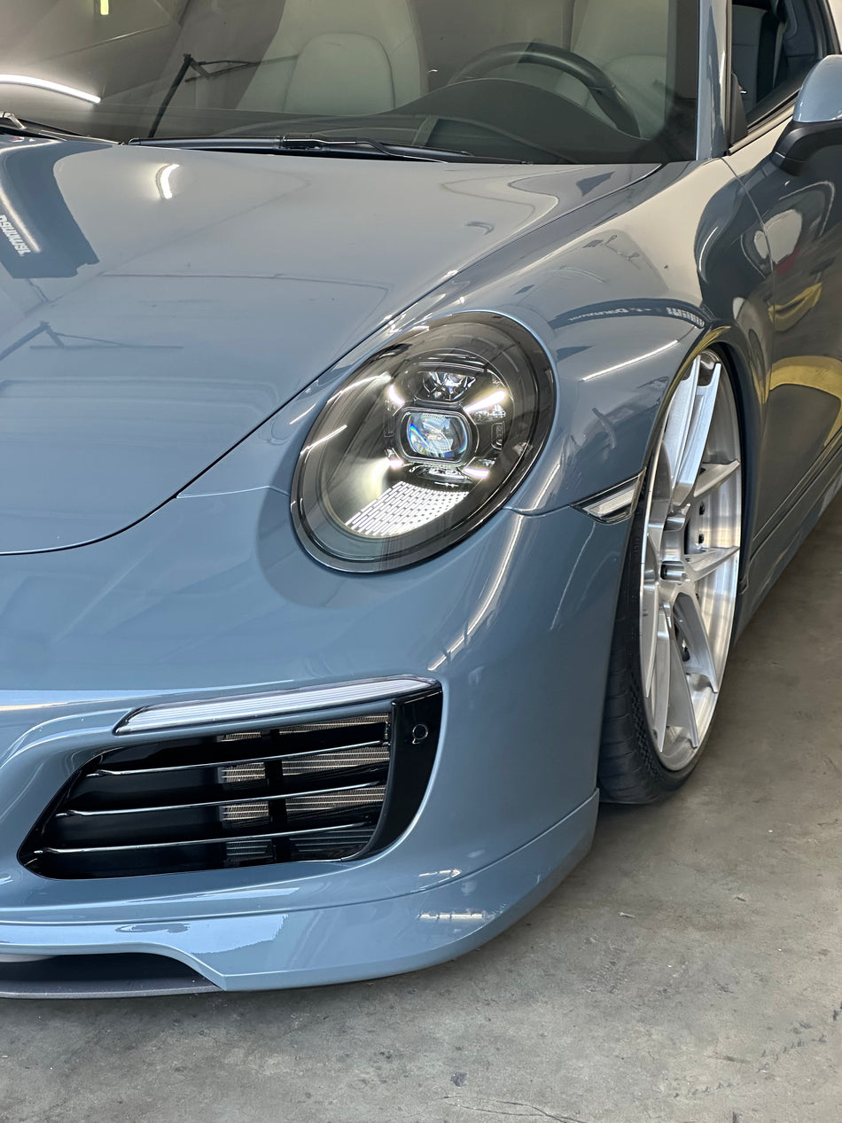 Illuminated 992.1 Matrix style LED headlight installed on a Porsche 911 991