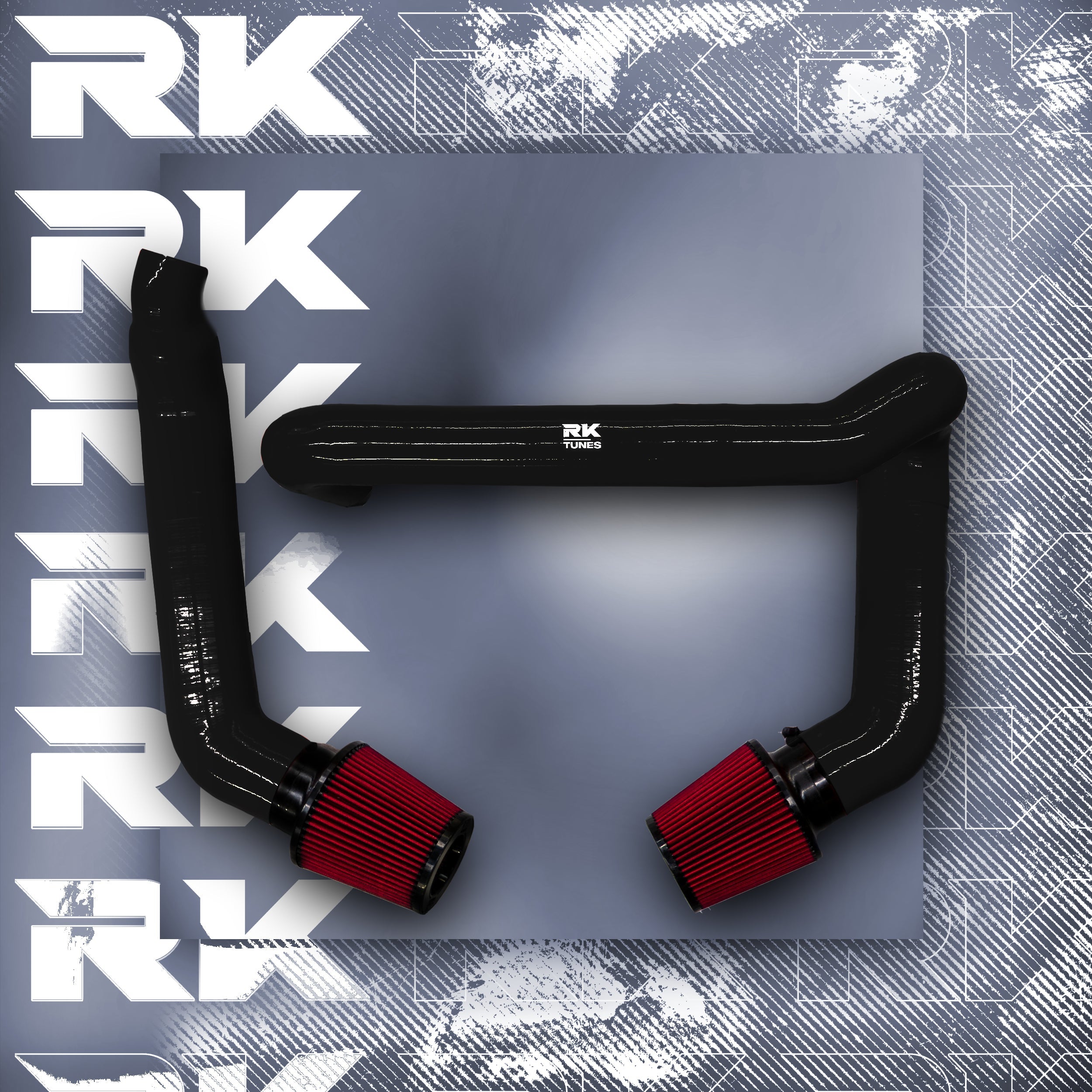 RK-Tunes S58 front-mount intakes in black with red filters