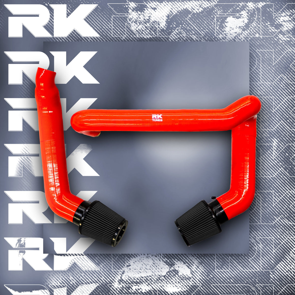 RK-Tunes S58 front-mount intakes in red with black filters