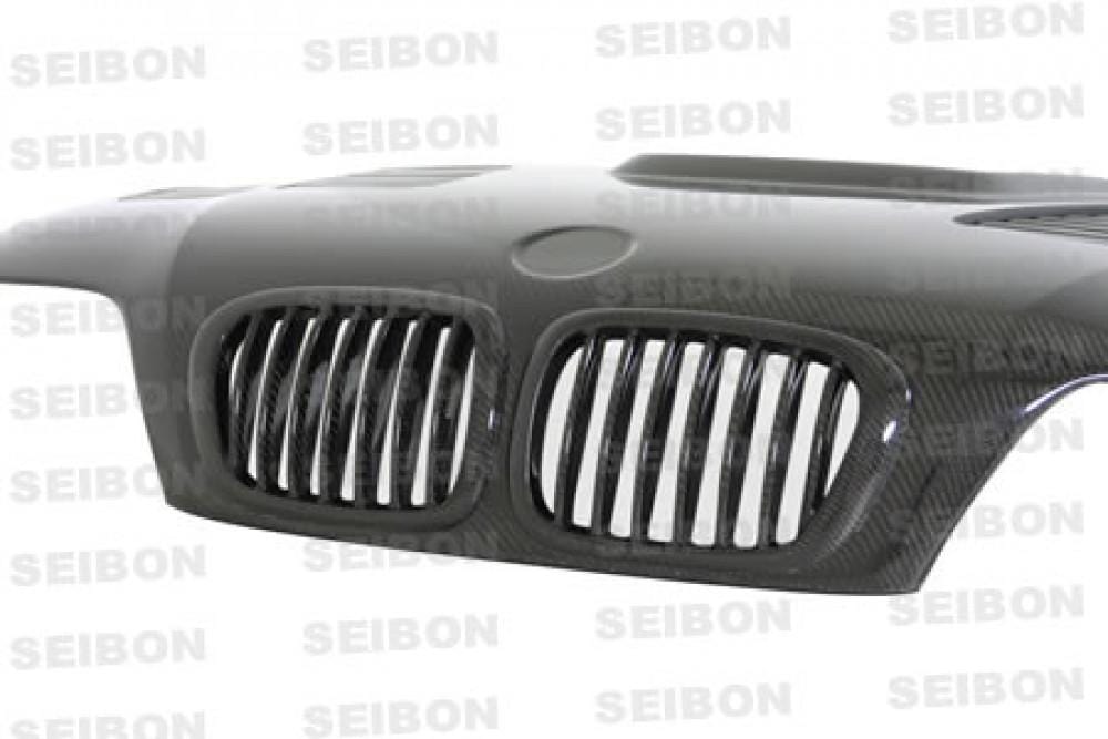 Seibon E46 M3 GTR-style carbon-fiber hood angle view