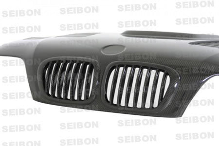 Seibon E46 M3 GTR-style carbon-fiber hood angle view